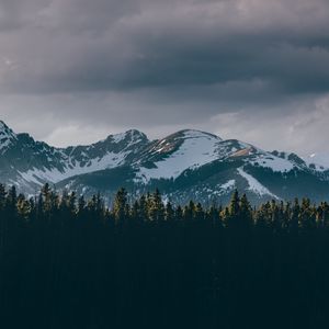 Превью обои горы, деревья, вершины, снег, небо