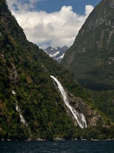 Превью обои горы, деревья, водопад, облака