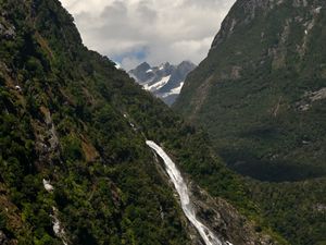 Превью обои горы, деревья, водопад, облака