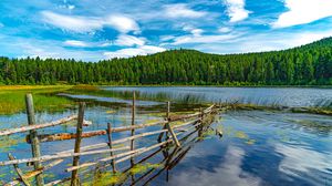 Превью обои горы, деревья, забор, озеро