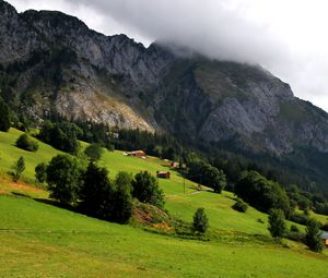 Превью обои горы, долина, деревья, домики, пейзаж