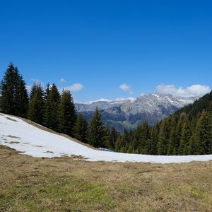 Превью обои горы, долина, лес, снег, пейзаж