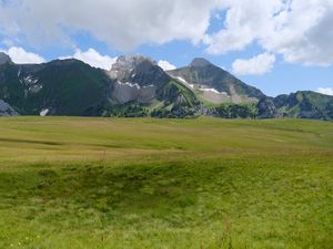 Превью обои горы, долина, трава, рельеф, пейзаж