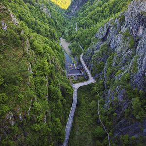 Превью обои горы, долина, вид сверху, дорога, река