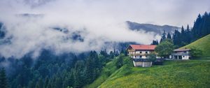 Превью обои горы, дом, облака, природа, пейзаж