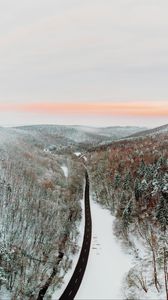 Превью обои горы, дорога, зима, вид сверху, снег