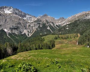 Превью обои горы, холмы, деревья, трава, пейзаж