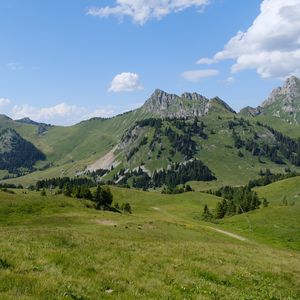 Превью обои горы, холмы, долина, деревья, пейзаж