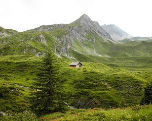 Превью обои горы, холмы, домик, природа, зелень