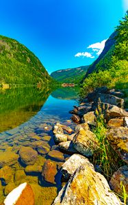 Превью обои горы, холмы, река, дно, камни, природа