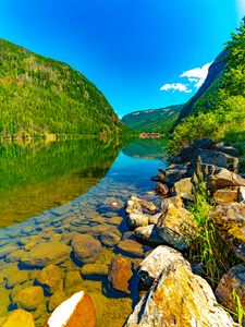 Превью обои горы, холмы, река, дно, камни, природа