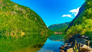 Превью обои горы, холмы, река, дно, камни, природа