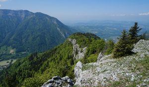 Превью обои горы, камни, деревья, пейзаж, вид