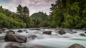 Превью обои горы, камни, река, поток, вода, лес