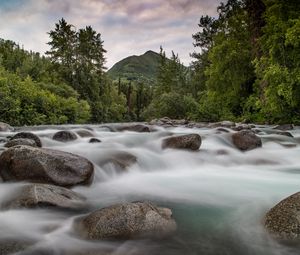 Превью обои горы, камни, река, поток, вода, лес