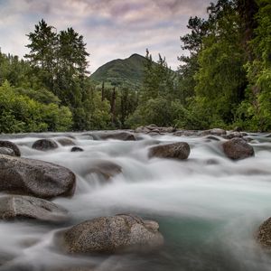 Превью обои горы, камни, река, поток, вода, лес