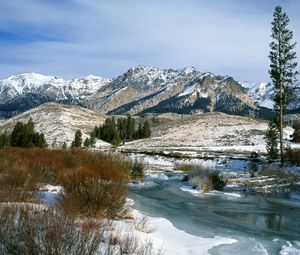 Превью обои горы, кусты, весна, снег, вода, айдахо