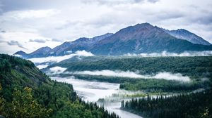 Превью обои горы, лес, деревья, облака, река, пейзаж