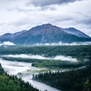 Превью обои горы, лес, деревья, облака, река, пейзаж