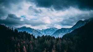 Превью обои горы, лес, деревья, облака