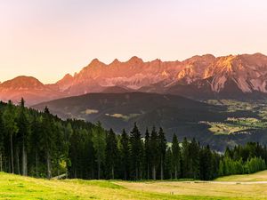 Превью обои горы, лес, деревья, луг, природа