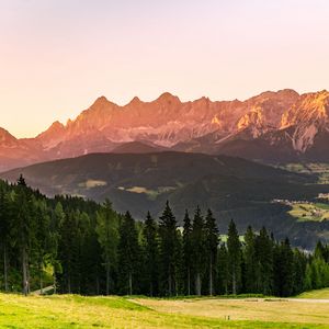 Превью обои горы, лес, деревья, луг, природа