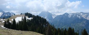 Превью обои горы, лес, деревья, облака, небо, природа