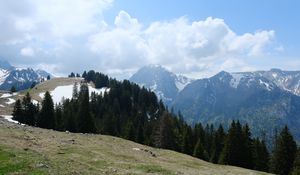 Превью обои горы, лес, деревья, облака, небо, природа