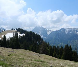 Превью обои горы, лес, деревья, облака, небо, природа