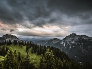 Превью обои горы, лес, деревья, небо