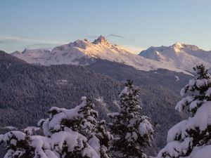 Превью обои горы, лес, деревья, снег, зима, пейзаж