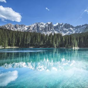Превью обои горы, лес, деревья, озеро, отражение, пейзаж
