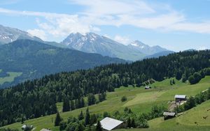 Превью обои горы, лес, деревья, домики, пейзаж