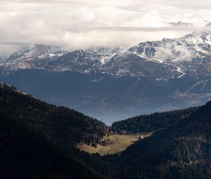 Превью обои горы, лес, деревья, облака, долина