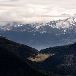 Превью обои горы, лес, деревья, облака, долина