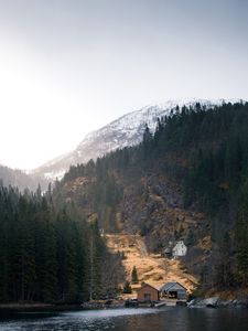 Превью обои горы, лес, домики, озеро