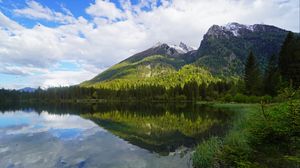 Превью обои горы, лес, озеро, отражение, пейзаж