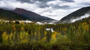 Превью обои горы, лес, река, пейзаж, природа