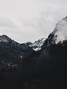 Превью обои горы, лес, туман, пейзаж, высокогорный