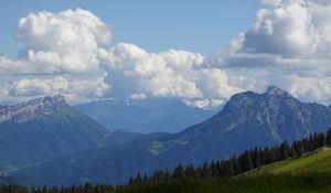 Превью обои горы, луг, деревья, природа, пейзаж