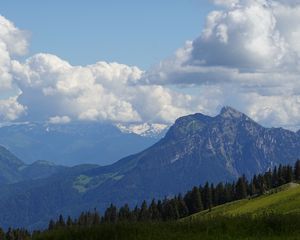 Превью обои горы, луг, деревья, природа, пейзаж