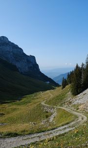 Превью обои горы, луг, дорога, деревья, пейзаж