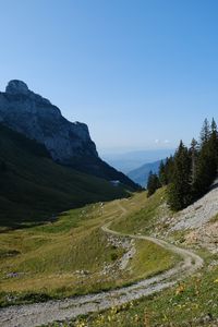 Превью обои горы, луг, дорога, деревья, пейзаж