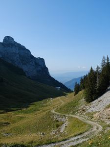 Превью обои горы, луг, дорога, деревья, пейзаж