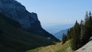 Превью обои горы, луг, дорога, деревья, пейзаж