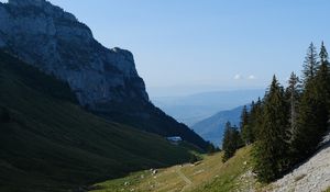 Превью обои горы, луг, дорога, деревья, пейзаж