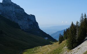 Превью обои горы, луг, дорога, деревья, пейзаж