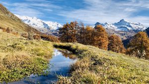 Превью обои горы, лужа, деревья, трава, пейзаж, природа