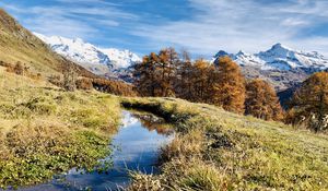 Превью обои горы, лужа, деревья, трава, пейзаж, природа