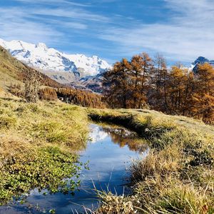 Превью обои горы, лужа, деревья, трава, пейзаж, природа